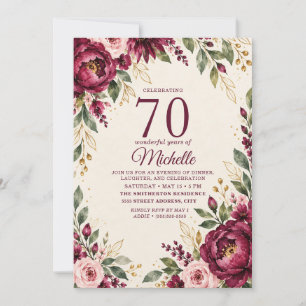 Elegante Convite de 70º Aniversário Floral Bege Bo