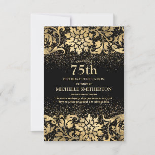 Elegante Convite de 75 Anos Preto e Dourado com Gl