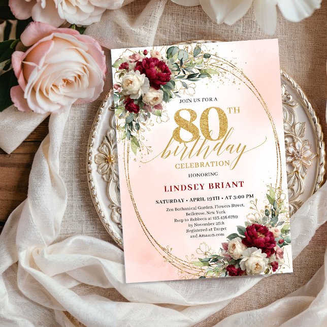 Elegante Convite de 80º Aniversário Boêmio em Burg (Elegant Burgundy Bohemian Floral 80th Birthday Invite)