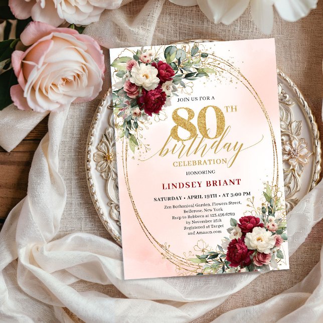 Elegante Convite de 80º Aniversário Boho Botânico  (Elegant Burgundy Boho Botanical 80th Birthday Invitation)