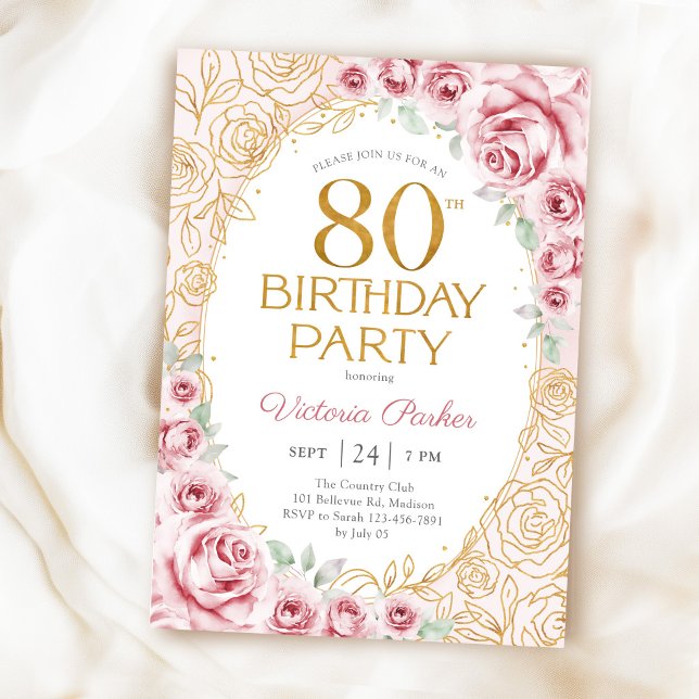 Elegante Convite de 80 Anos Blush Rosa Dourado Flo (Criador carregado)