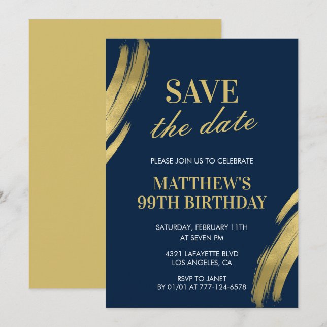 Elegante convite de 99º aniversário Navy Save the  (Frente/Verso)