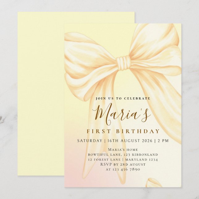 Elegante Convite de Aniversário com Laço Amarelo P (Frente/Verso)