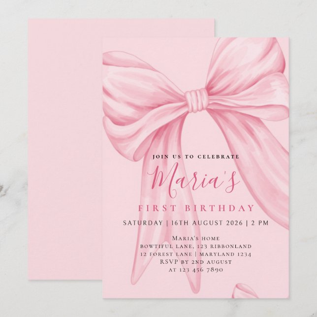 Elegante Convite de Aniversário de Um Ano com Laço (Frente/Verso)