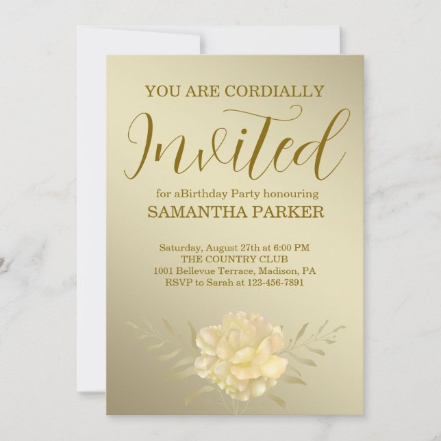 Elegante Convite de Aniversário Floral em Script D (Frente)