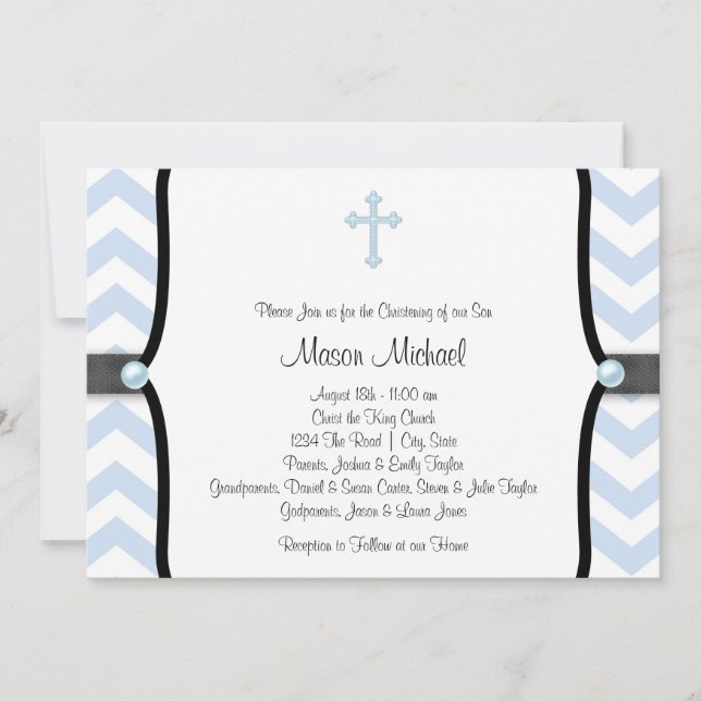 Elegante Convite de Batismo Azul Chevron (Frente)