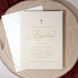 Elegante Convite de Batismo Bege Champagne Cruz em