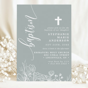 Elegante Convite de Batismo em Script Floral Branc
