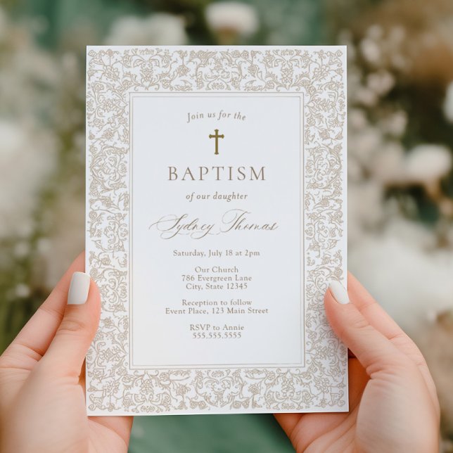 Elegante Convite de Batismo Floral em Dourado  (Criador carregado)