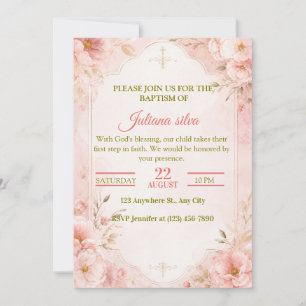 Elegante Convite de Batismo Floral Rosa com Cruz D