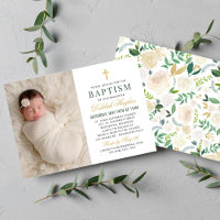 Elegante Convite de Batismo Floral Verde e Dourado