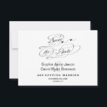 Elegante Convite de Caligrafia Preto e Branco Save<br><div class="desc">Simplicidade e elegância: convite de casamento com caligrafia moderna e única,  "o casamento de" com dois corações,  em fundo branco. Use a ferramenta de personalização para adicionar suas informações. Para itens correspondentes,  visite minha Coleção de Casamento de Caligrafia Elegante.</div>