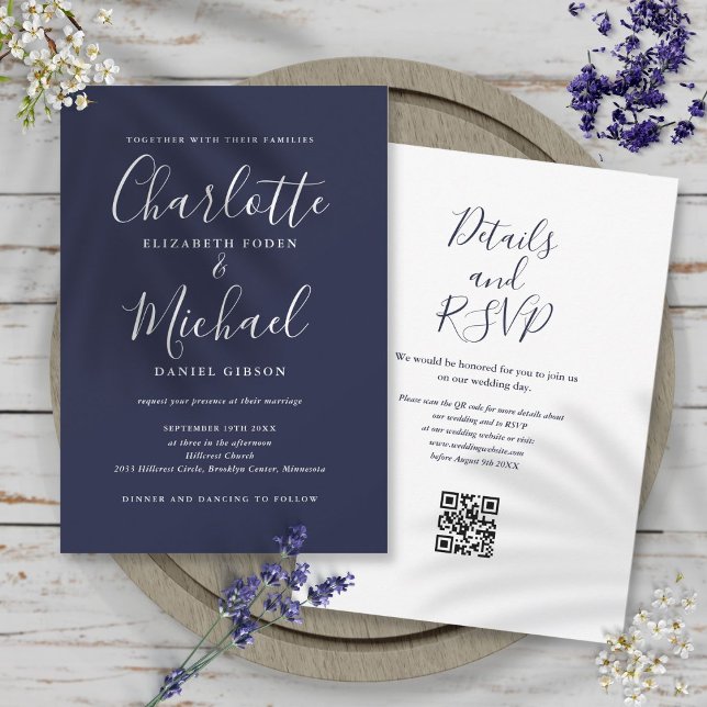 Elegante Convite de Casamento Azul Marinho com Cód (Elegant Script Navy Blue QR Code Wedding Invitation)
