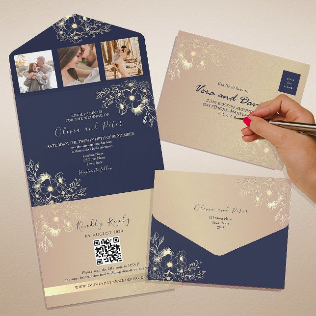 Elegante Convite de Casamento Azul Marinho com QR  (Criador carregado)