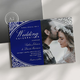 Elegante Convite de Casamento Azul Real com Foto
