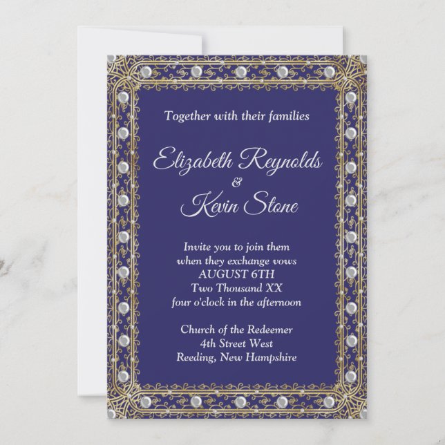 Elegante convite de casamento azul real e dourado (Frente)