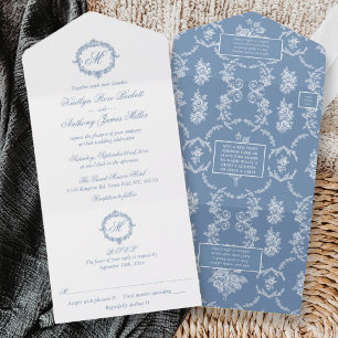 Elegante Convite de Casamento Azul Toile Monogram