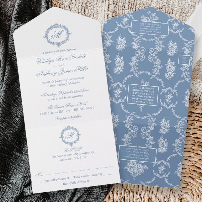 Elegante Convite de Casamento Azul Toile Monogram  (Criador carregado)