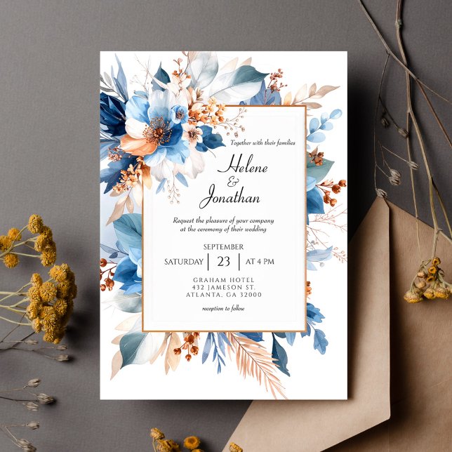 Elegante Convite de Casamento Boho em Azul Poeiren (Elegant Dusty Blue Silver Terracotta Boho Wedding Invitation)