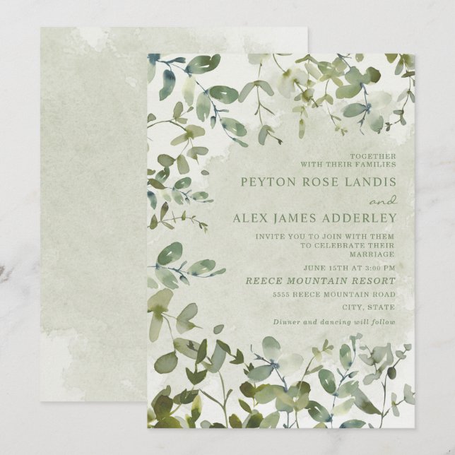 Elegante Convite de Casamento Botânico em Verde Sa (Frente/Verso)