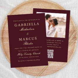 Elegante Convite de Casamento Burgundy QR Rsvp Fot