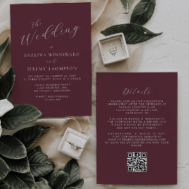 Elegante Convite de Casamento Código QR Burgundy C