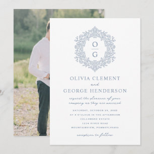 Elegante Convite de Casamento com Brasão em Azul P