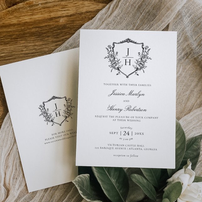 Elegante Convite de Casamento com Floral Crest Mon (Criador carregado)