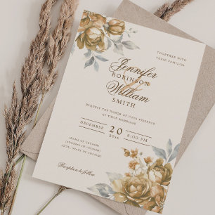 Elegante Convite de Casamento com Floral Dourado e