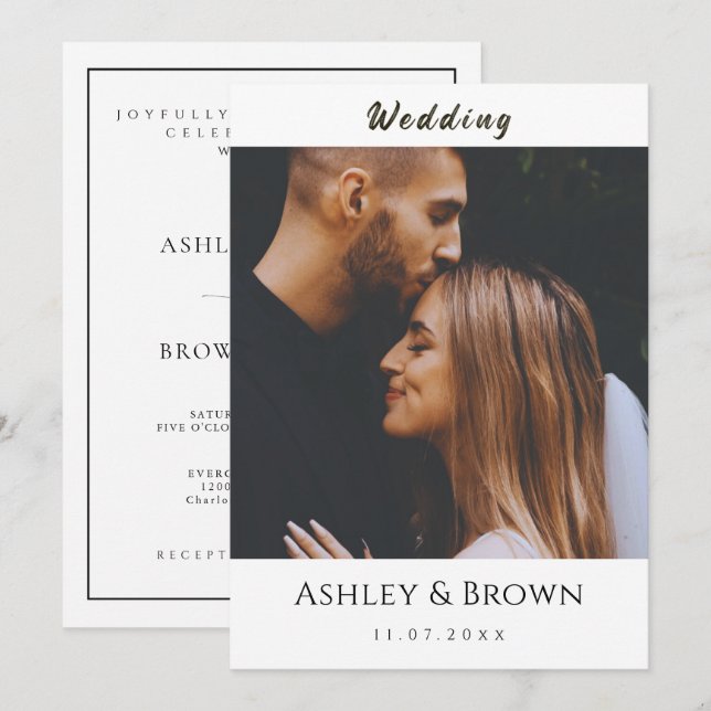 Elegante Convite de Casamento com Foto e Letra Mod (Frente/Verso)