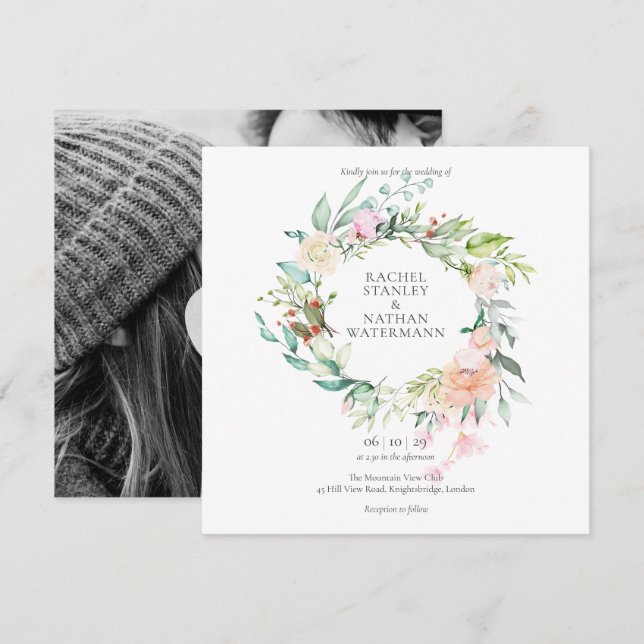 Elegante Convite de Casamento com Foto Floral em A (Frente/Verso)