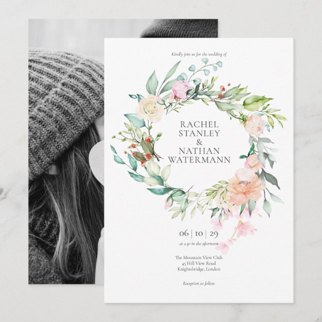 Elegante Convite de Casamento com Foto Floral em A (Frente/Verso)