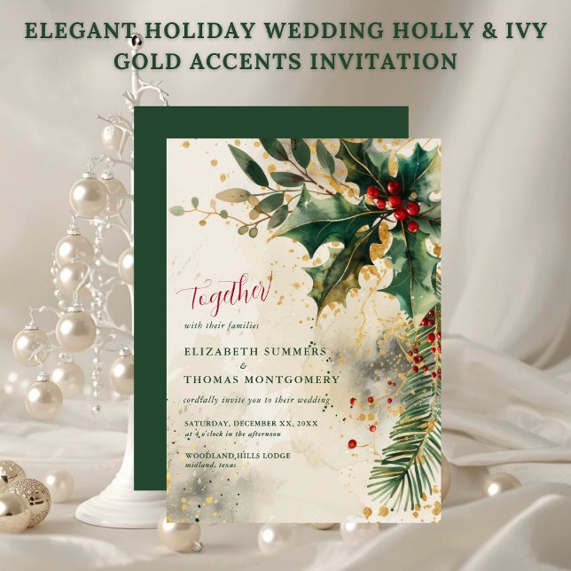 Elegante Convite de Casamento de Férias com Acento (Elegant Holiday Wedding Holly & Ivy Gold Accents Invitation)