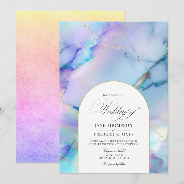 Elegante Convite de Casamento de Mármore Holográfi (Frente/Verso)