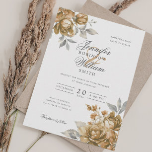 Elegante Convite de Casamento Dourado Floral Rústi