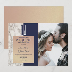 Elegante Convite de Casamento em Azul Naval Dourad