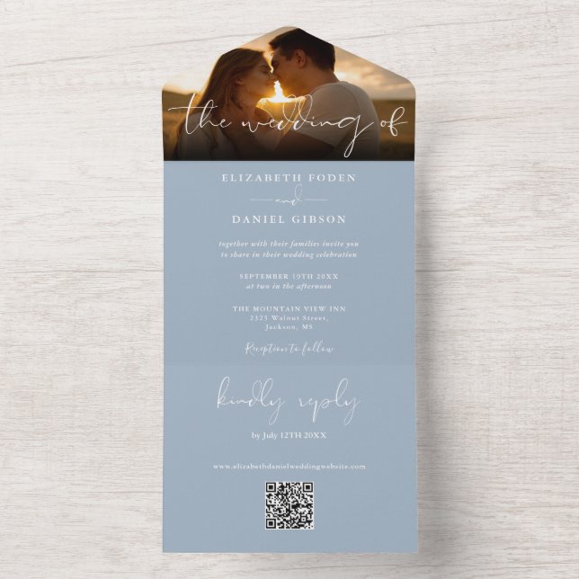 Elegante convite de casamento em azul poeirento co (Interno)
