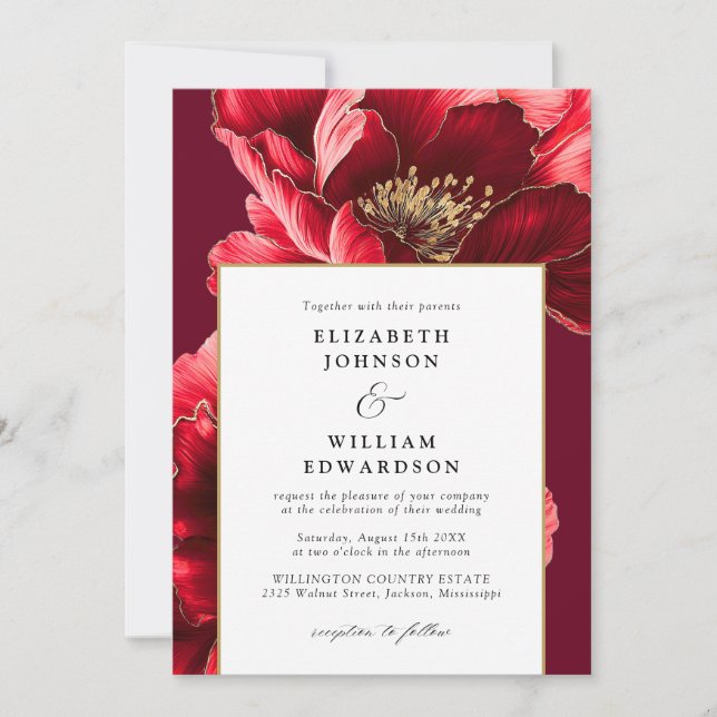 Elegante Convite de Casamento em Burgundy e Dourad (Frente)