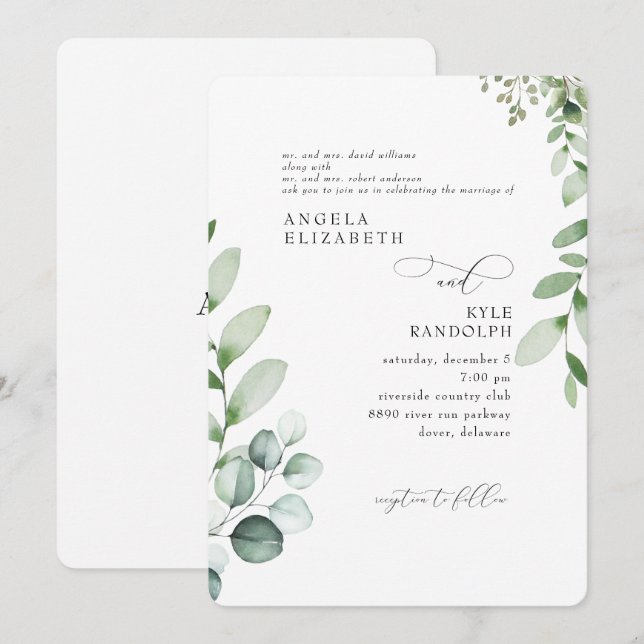 Elegante Convite de Casamento em Cascata de Eucali (Frente/Verso)