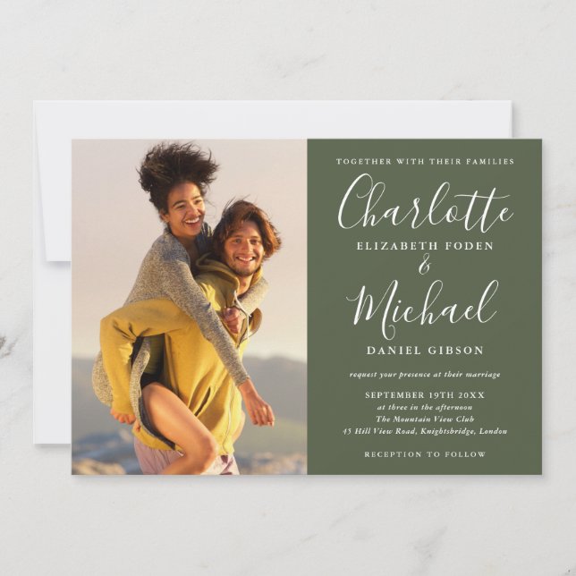 Elegante Convite de Casamento em Script de Oliveir (Frente)