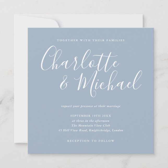 Elegante Convite de Casamento em Script Dusty Blue (Frente)