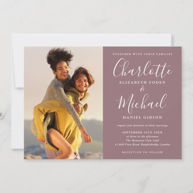 Elegante Convite de Casamento em Script Mauve com  (Frente)