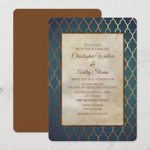 Elegante Convite de Casamento em Teal e Cobre
