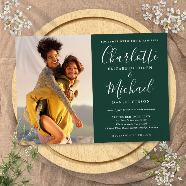 Elegante Convite de Casamento em Verde Esmeralda c (Elegant Script Photo Emerald Green Wedding Invitation)