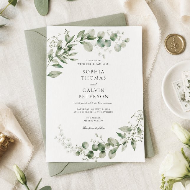 Elegante Convite de Casamento em Verde Sálvia com  (Criador carregado)