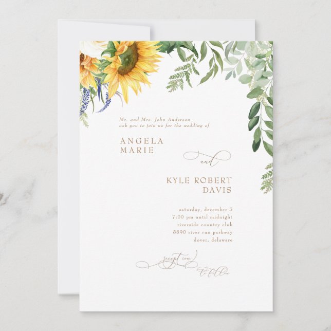 Elegante Convite de Casamento Eucalipto Girassol O (Frente)