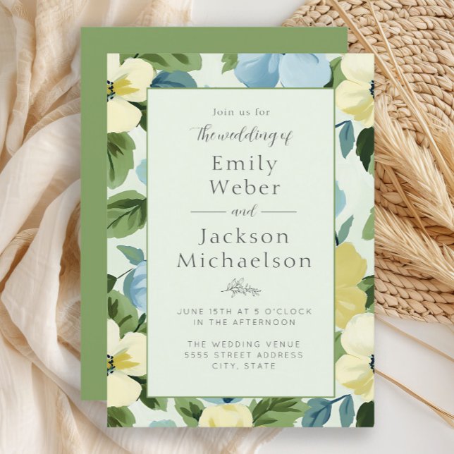 Elegante Convite de Casamento Floral Azul Menta Am (Elegant mint, blue, and yellow floral wedding invitation)