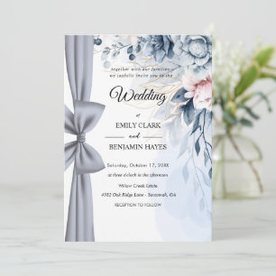 Elegante Convite de Casamento Floral Azul Poeirent