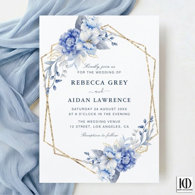 Elegante Convite de Casamento Floral Azul Poeirent (Criador carregado)