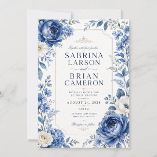 Elegante Convite de Casamento Floral Azul Real com